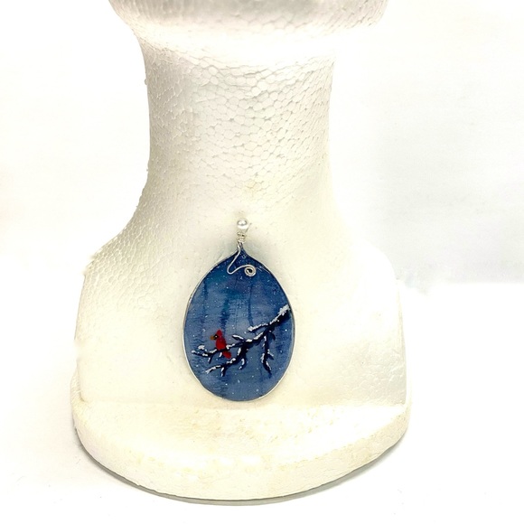 HANDMADE Mixed Media Hand Painted Acrylic Resin Art Cardinal Statement Pendant - Picture 3 of 9